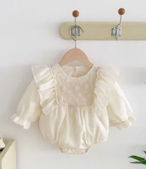 Baby Girls Romper - Ivory Ruffle with Lace Embroidered Bodice