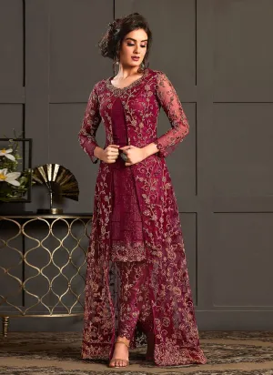 Bewitching Maroon Embroidered Net Jacket Style Suit