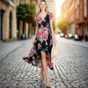 Black Floral Mock-Wrap Dress S-L