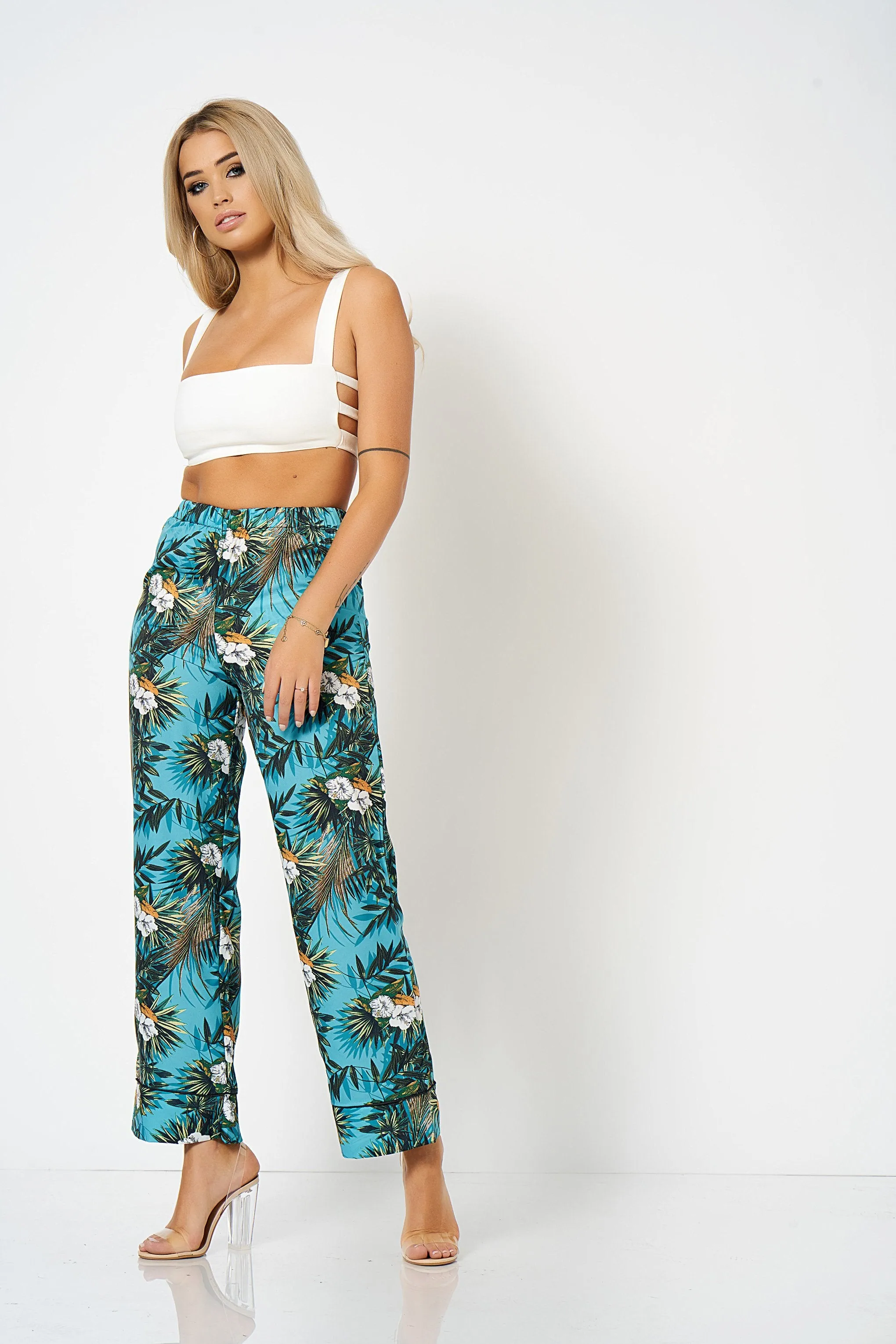 Blue Tropical Printed Co-Ord Trousers