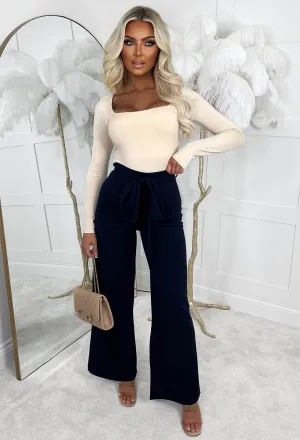 Chic Couture Navy Belted Wide Leg Trousers