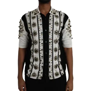 Dolce & Gabbana White Black Silk Studded Stone Crystal Shirt