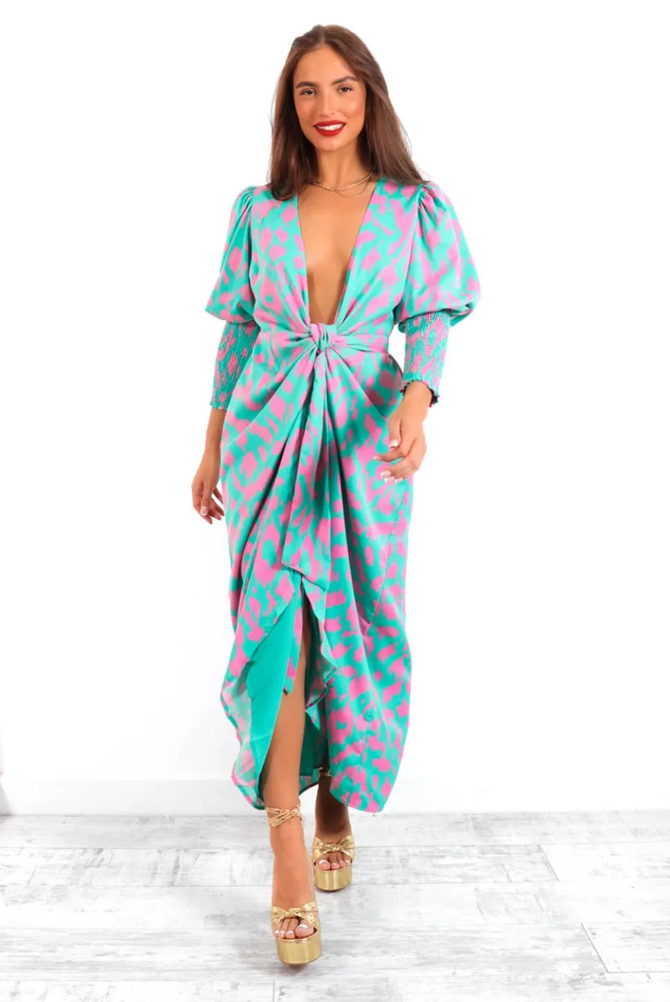 Drive Em Wild - Turquoise Pink Animal Midi Wrap Dress