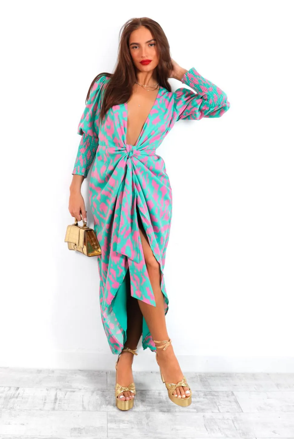 Drive Em Wild - Turquoise Pink Animal Midi Wrap Dress