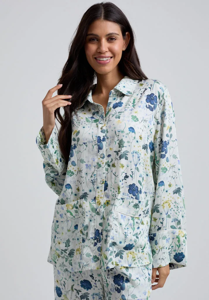 Evie Long Sleeve Pressed Floral Print Pyjama Set In Blue