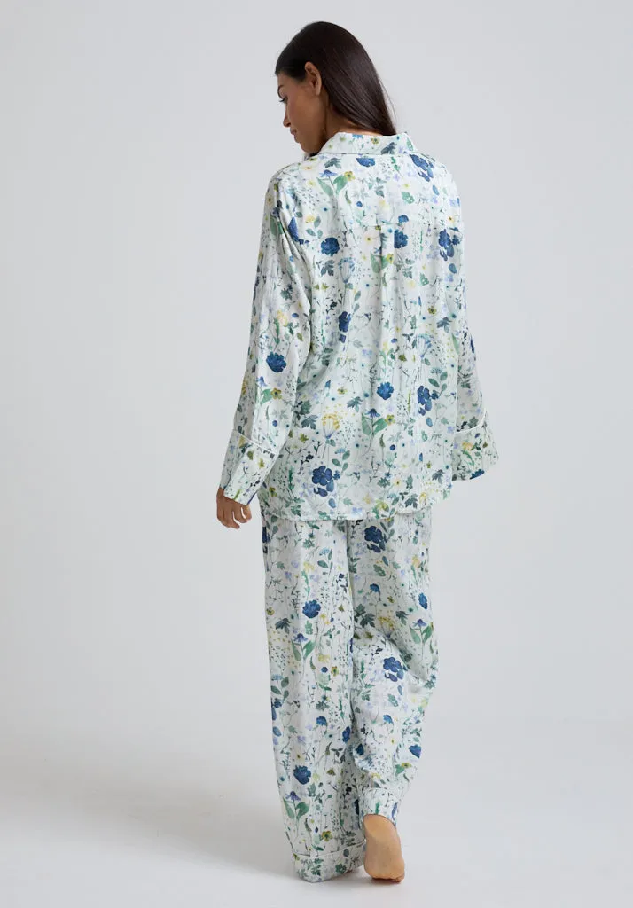 Evie Long Sleeve Pressed Floral Print Pyjama Set In Blue