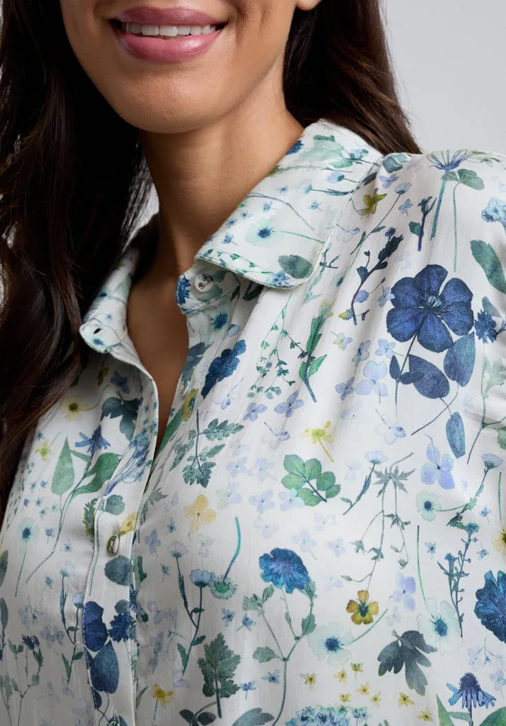 Evie Long Sleeve Pressed Floral Print Pyjama Set In Blue