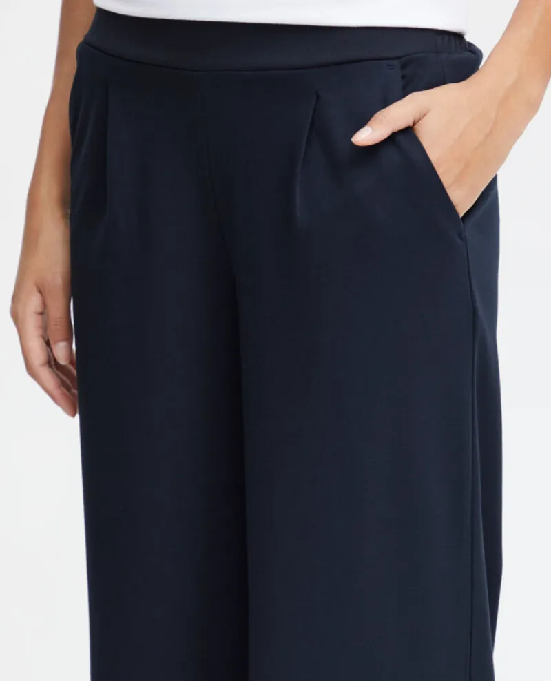 Ichi Kate Navy Long Wide Leg Trousers