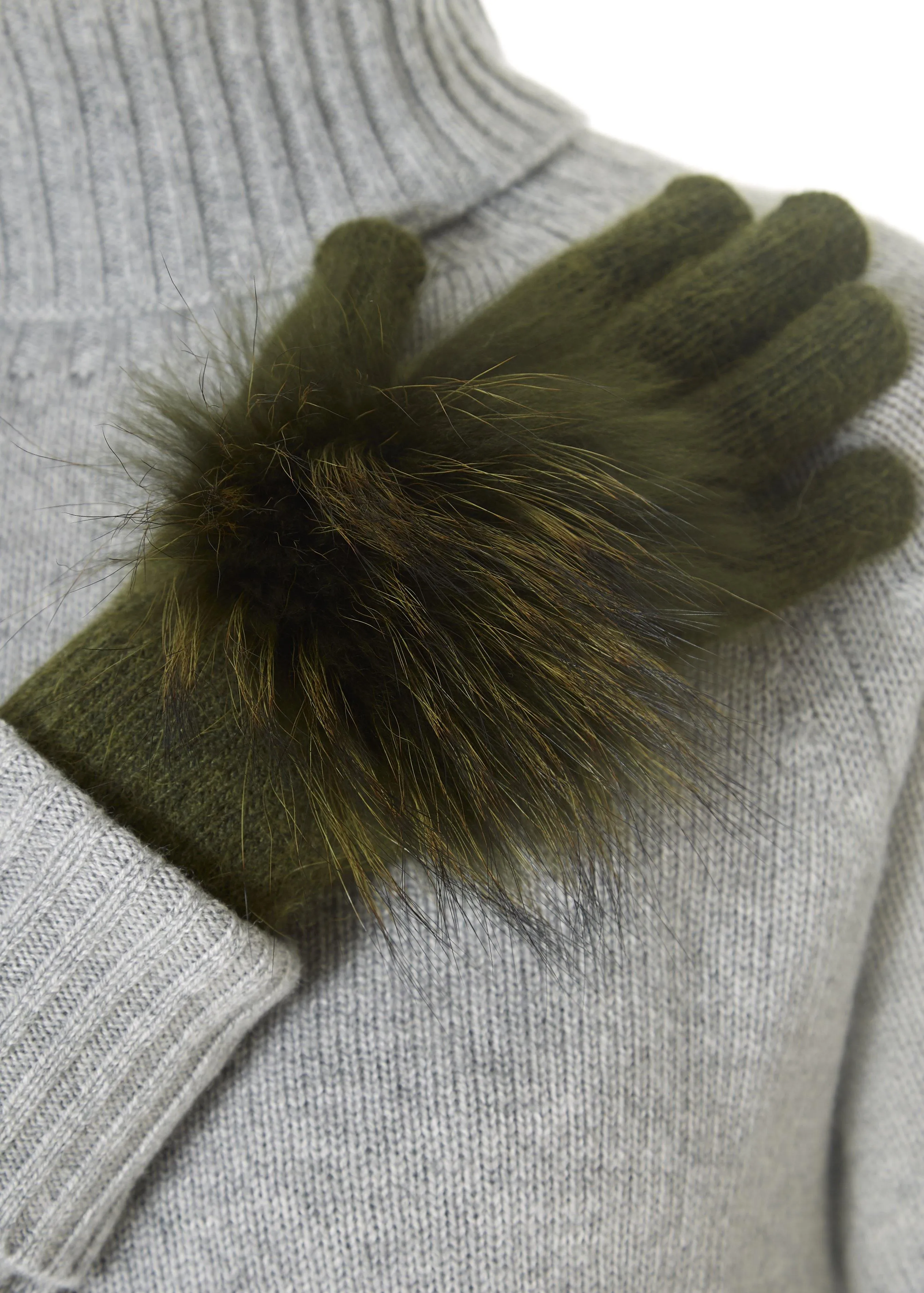 Khaki Green Fur Pom Gloves