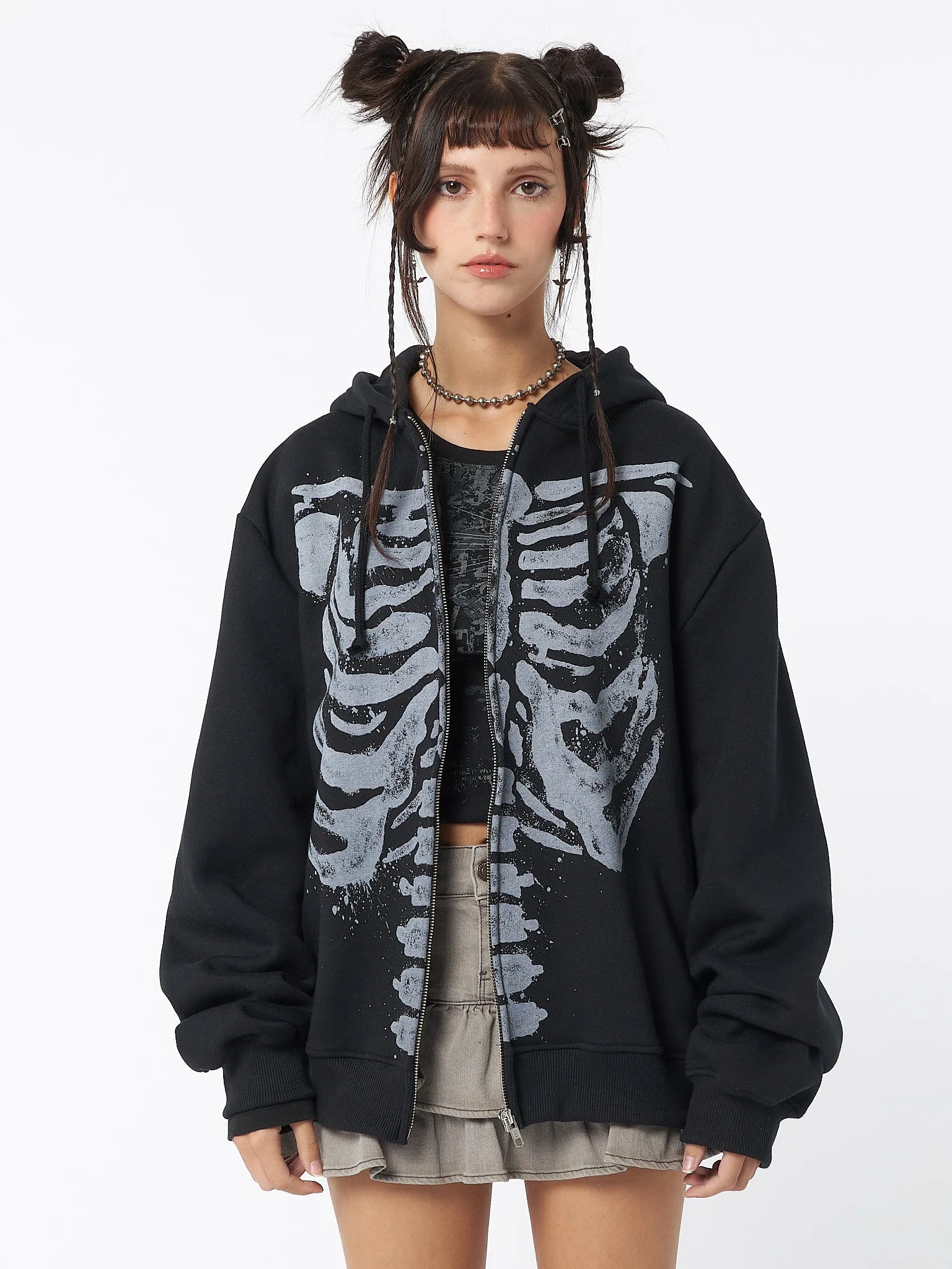 Skeleton Black Oversized Zip Up Hoodie