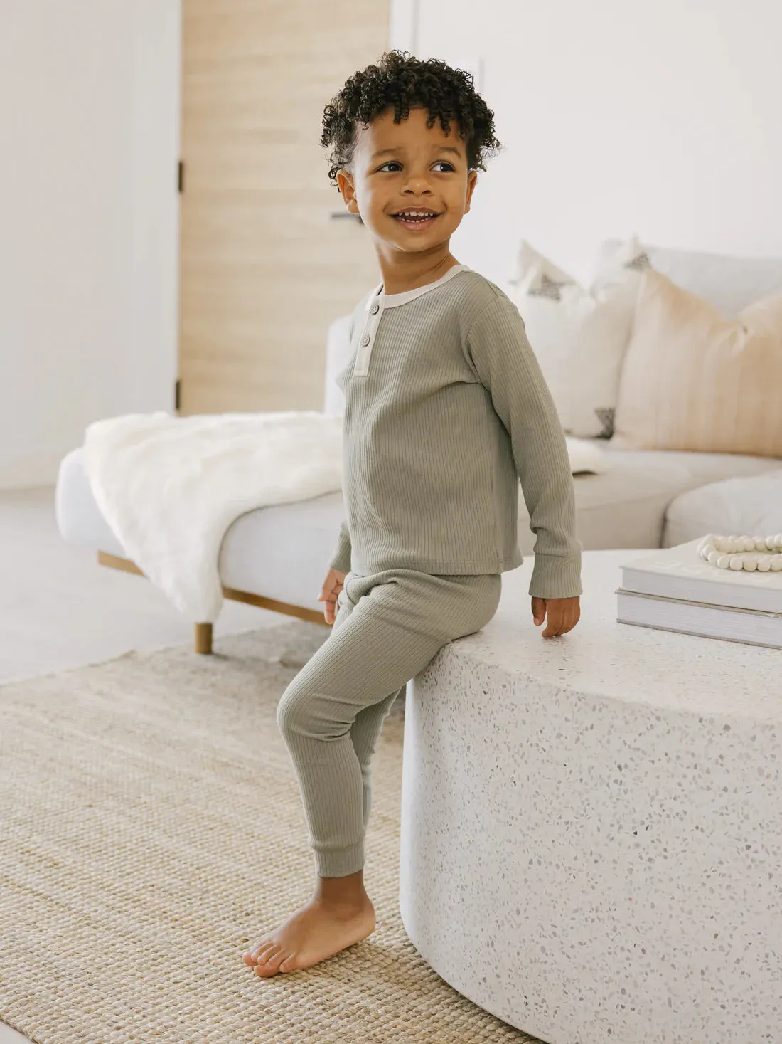 The Jessie Ribbed Long Sleeve Henley - Fern - KIDS