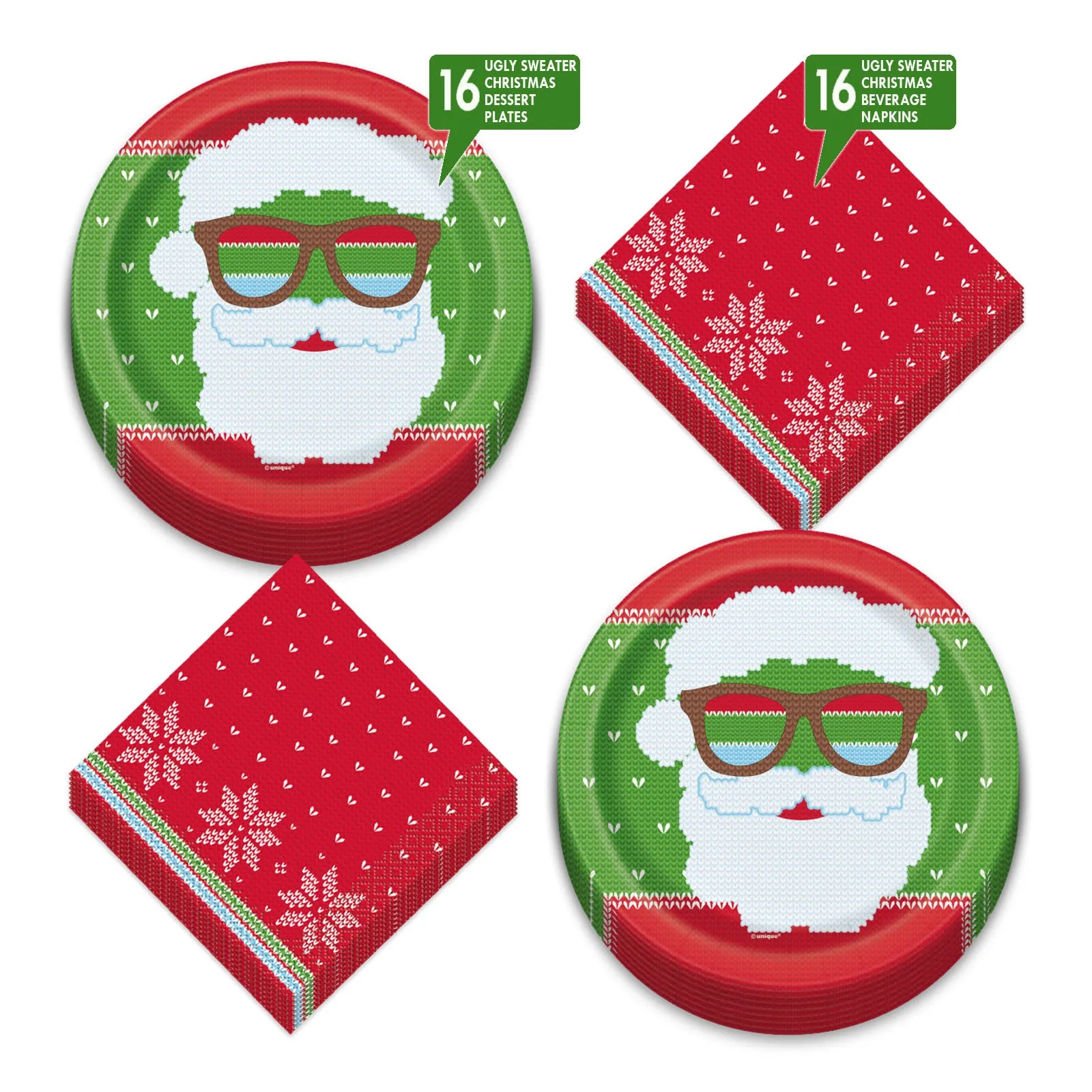 Ugly Sweater Christmas Holiday Round Paper Dessert Plates and Beverage Napkins (Serves 16)