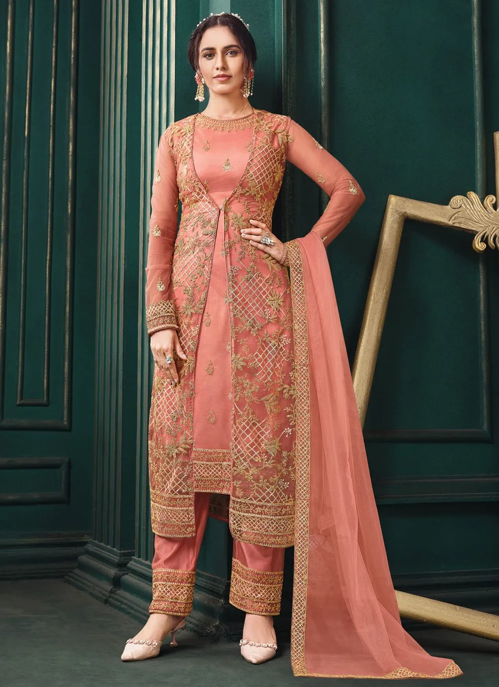 Wedding Party Coral Peach Designer Pant Suit with Jacket